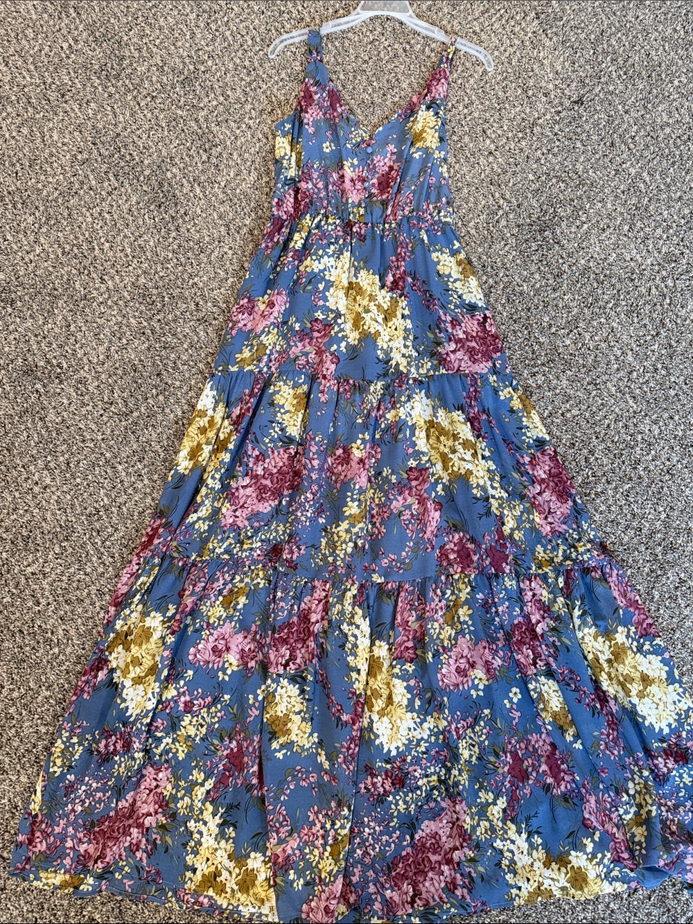 MELLODAY Blue Floral Tiered Maxi Dress with Pink and Yellow Accents